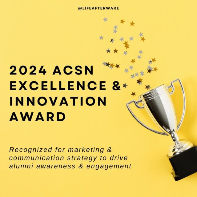 Not to be overly dramatic, but…WE WON!!! 🏆🎉🎊🥳

Yesterday the Alumni Career Services Network, a national professional organization for alumni career support professionals, recognized our small team of 3 with the 2024 ACSN Excellence and Innovation Award for marketing and communication strategy to drive alumni awareness and engagement. 

We pride ourselves on being a national best practice model for providing highly unique and personalized career support and offerings for alumni in their lives after college, and we’re thrilled to be recognized for this on the national stage. 

But most importantly, our team loves supporting our phenomenal @wfualumni in all aspects of their lives and careers after Wake. Thank you for engaging with us in this online space (and in many other ways) and making this job so much fun! 🫶